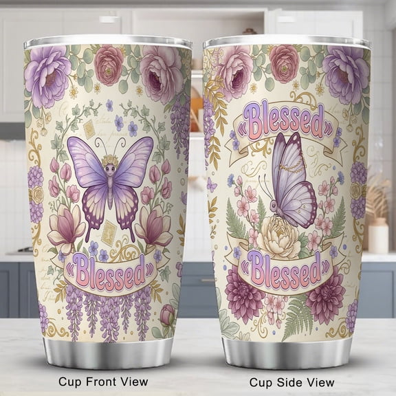 Butterfly Tumbler 20oz with Lid for Women & Men Jer. 17:7 Bible Verse Blessed Inspirational Botanic Purple Cup