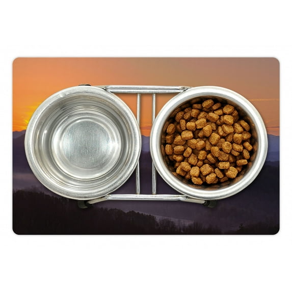 Appalachian Pet Mat for Food and Water, Panoramic Photo of Sun Rising over Misty Mountains, Non-Slip Rubber Mat for Dogs and Cats, 18" X 12", by Ambesonne