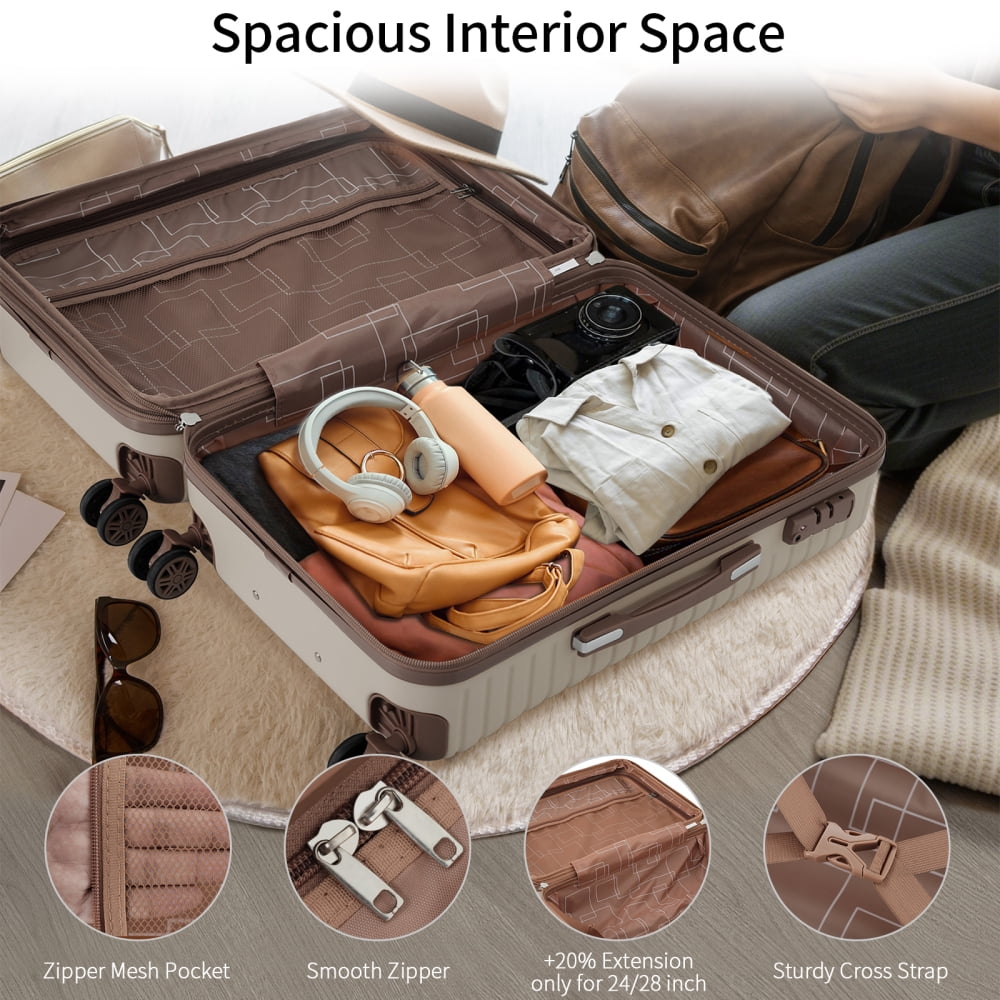 Tcbosik 3 Piece Hardside Luggage Set, 20" ABS Carry on Suitcase with TSA Lock and Spinner Wheels, Travel Bag and Toiletry Bag, Khaki