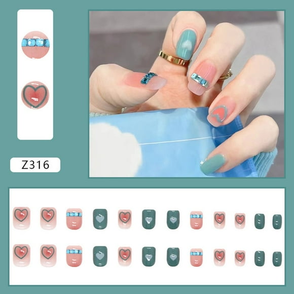 24Pcs Gentle Lake Blue False Nail Love Diamonds Fake Nail for Women and Girl Glue