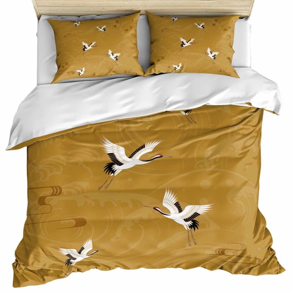 Japanese Style Bedding 3 Piece Duvet Cover Set Twin Size, Vintage Art Cranes Ocean Wave Yellow Soft Microfiber Comforter Cover with Zipper Closure & Pillowcases, Wrinkle & FadeResistant Quilt Cover