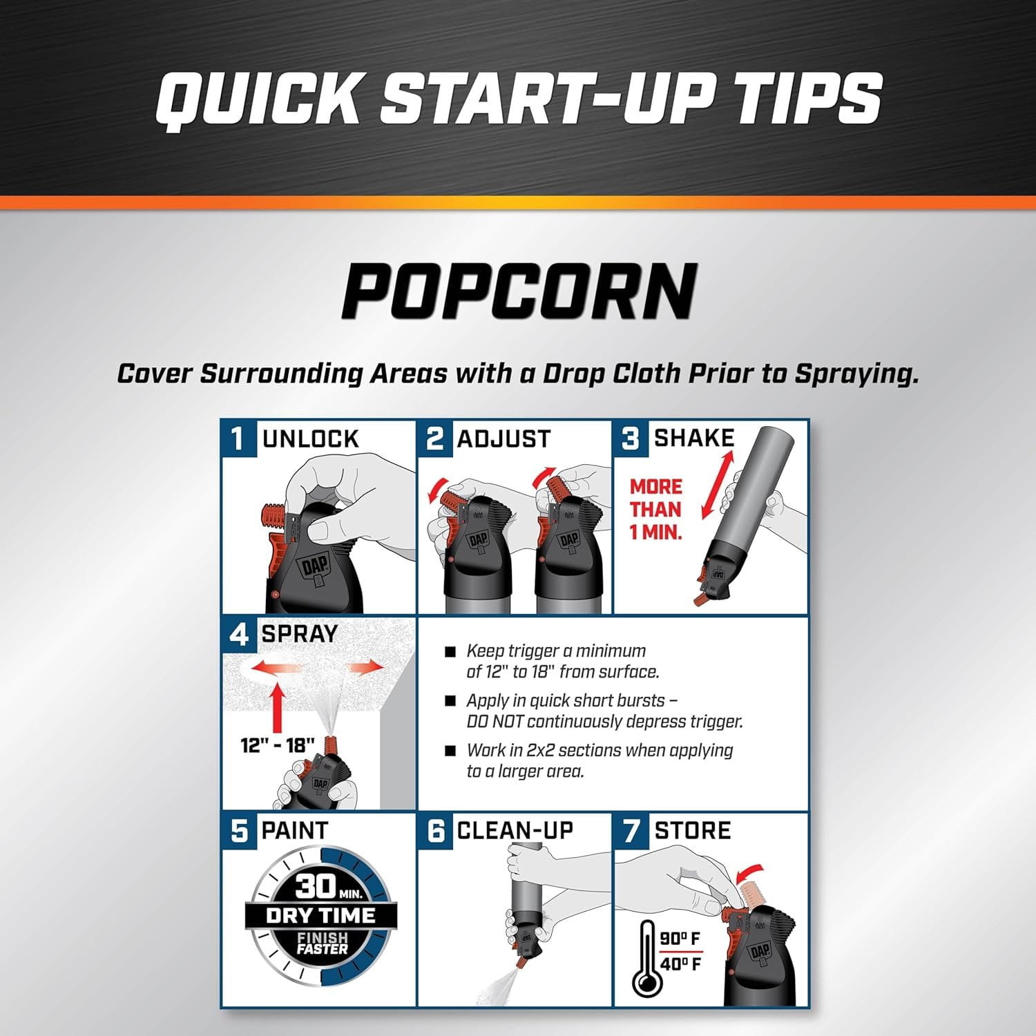 DAP 7079850025 Popcorn Water Based 2in1 Wall & Ceiling Texture Spray with Aim Tech Nozzle, White, 20 Ounce