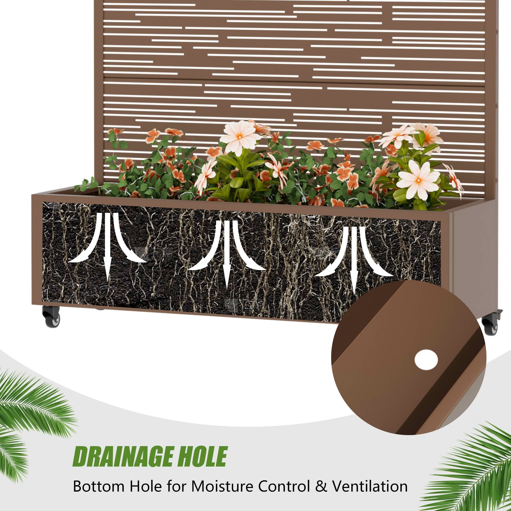 MAYEERTY 47X47" Metal Outdoor Brown Privacy Screen with Planter Box for Backyard & Garden, 3 Piece Set