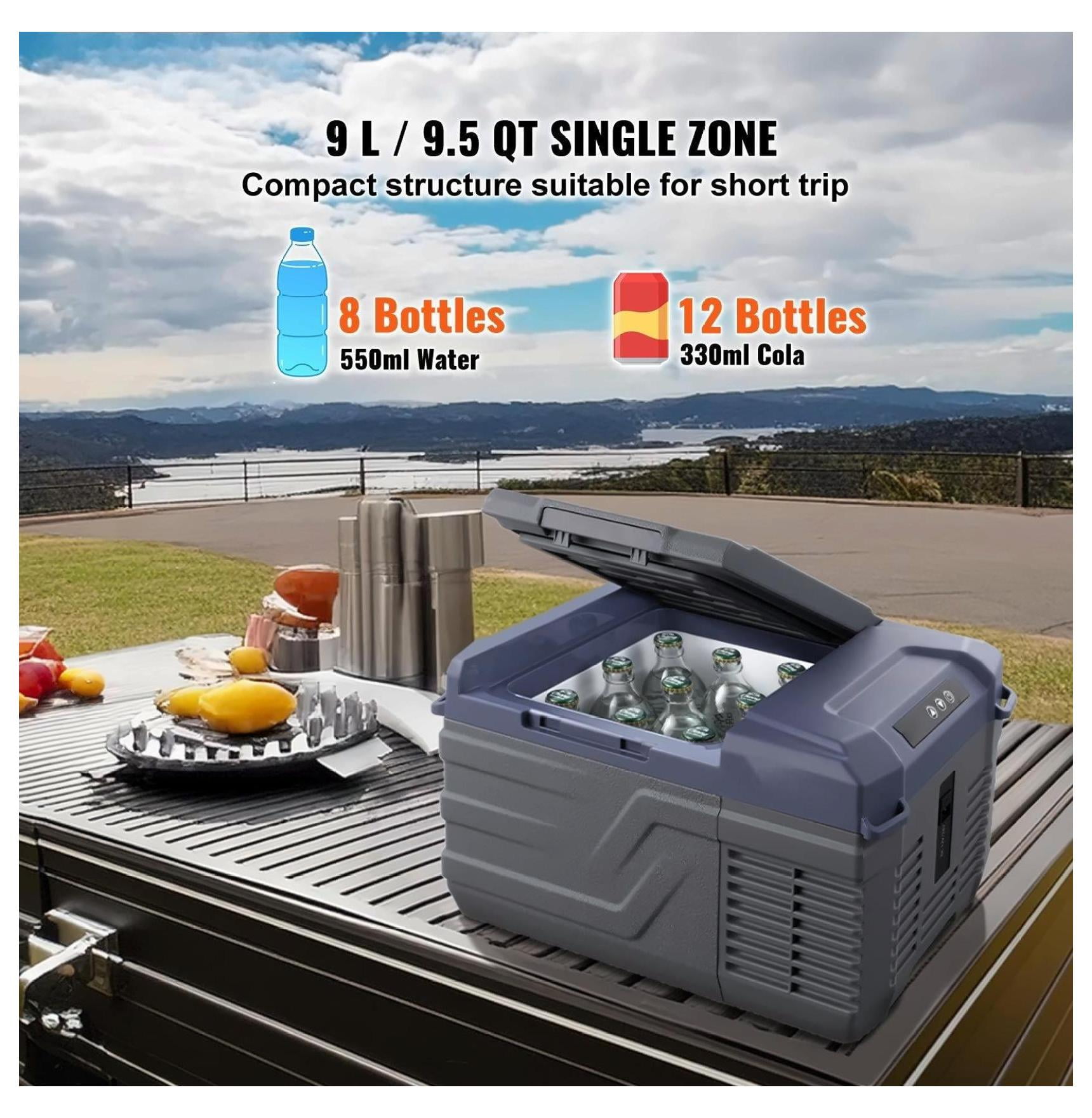 Portable Car Refrigerator Freezer 9L Compressor Fridge - Fast Cooling, Single Zone - for Car, Home, RV & Travel - Adjustable Temp -4°F to 68°F