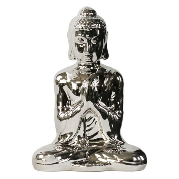 Ceramic Meditating Buddha Figurine with Rounded Ushnisha in Anjali Mudra Polished Chrome Finish Silver