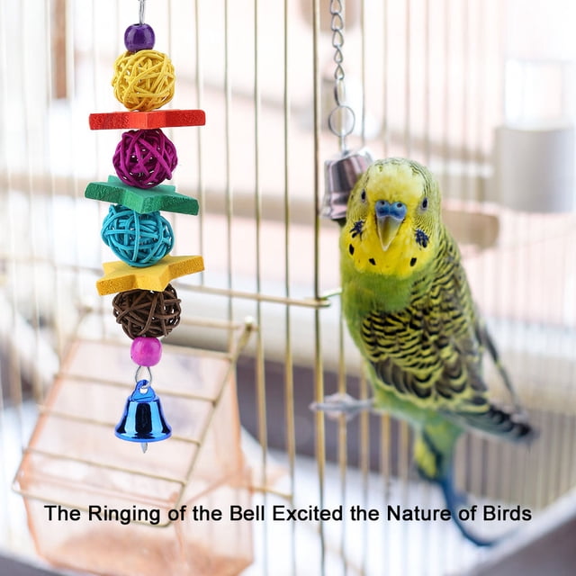 M Buder 6 Piezas Juguetes Colgantes Coloridos de Madera y Metal para Loros y Pájaros, Set de Columpio con Campanas para Jaula, Ideal para Entretener y Ejercitar a su Mascota, 27 cm / 10.6 inches