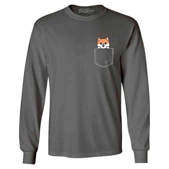 Shop4Ever Men's Funny Corgi Pocket Size Dog Lovers Long Sleeve Shirt Large Charcoal