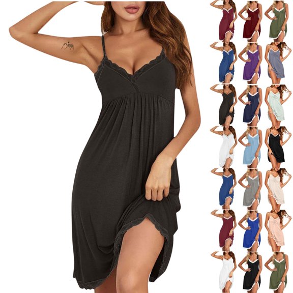 Fengactive Women's Nightgown Sexy Sleepwear Lace Pajamas V-neck Babydoll Lounge Dress