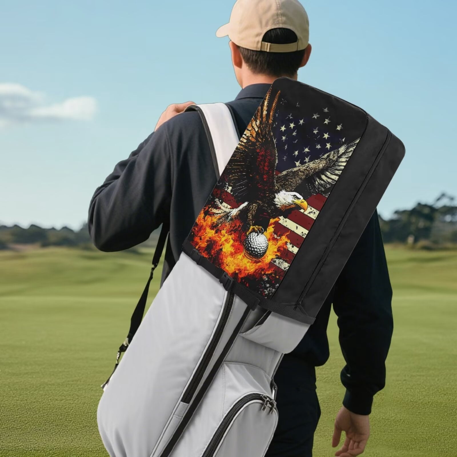 Chririnla American Flag Eagle Golf Bag Dust Cover Waterproof Hood with Snap Button Dust & Sun Protection for Clubs Universal Fit for Most Stand Bags, Cart Bags & Tour Bags