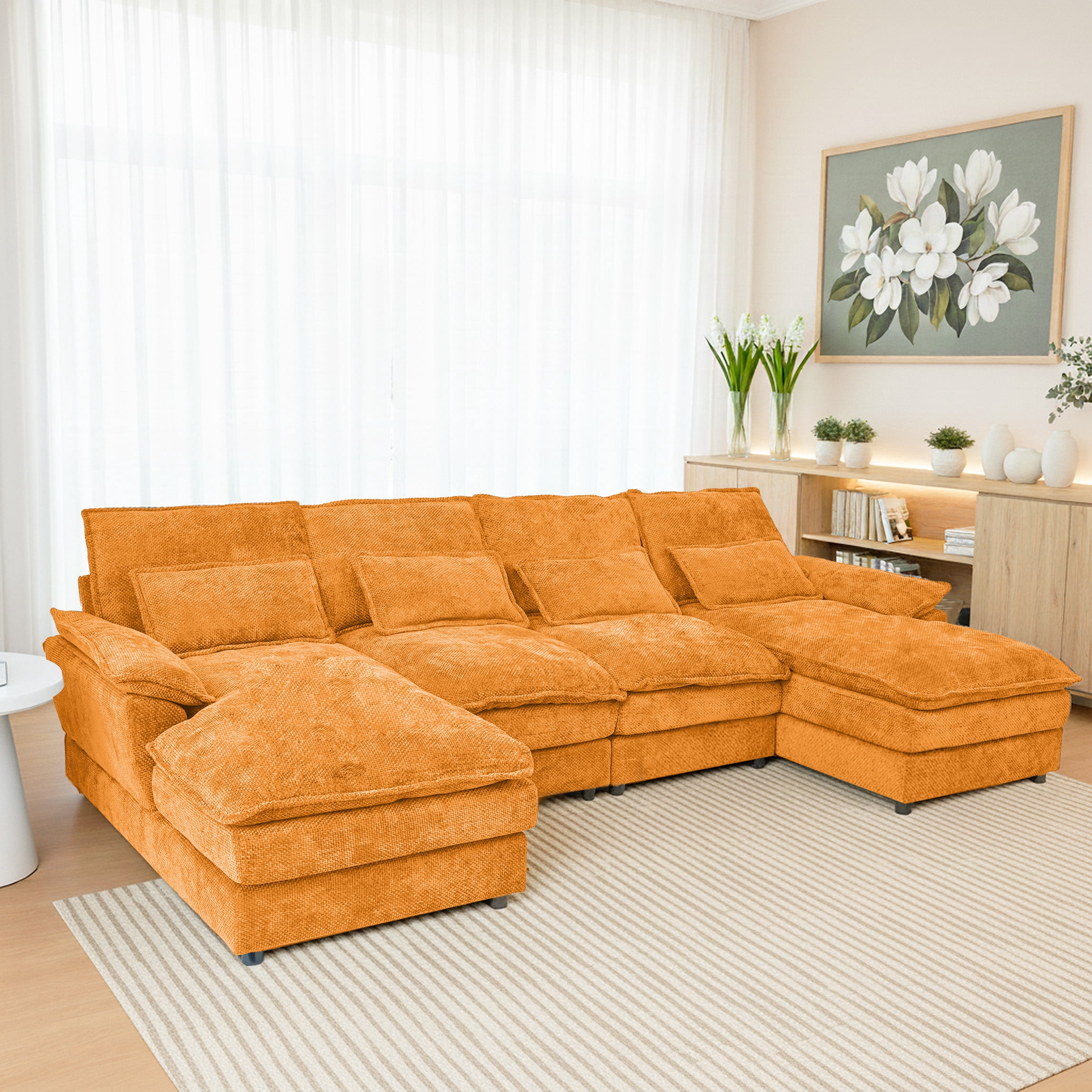 SEENYOO 110.24" U-Shaped Couch, Cloud Modular Sectional Sofa with Chenille Fabric, 4-Seat Comfy Couch for Living Room,Orange