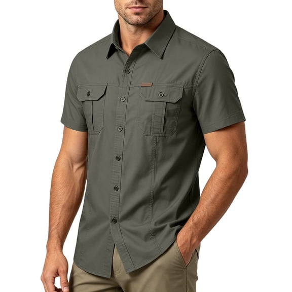 Qiyinn Men's Short Sleeve Tactical Shirts, UPF 50 Ripstop Military Work Shirts, Breathable Button Down Outdoor Hiking Shirt