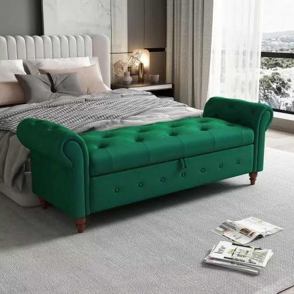 63" Storage Ottoman Bench, End of Bed Button Tufted Ottoman Bench, Rolled Armed Ottoman Couch Long Bench for Bedroom, Living Room, End of Bed, Hallway, DARK GREEN