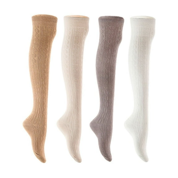 Lian LifeStyle Women's 4 Pair Adorable Comfortable Soft Thigh High Over Knee High Cotton Socks Size 6-9 L1024 Beige,Cream,Dark Grey,White