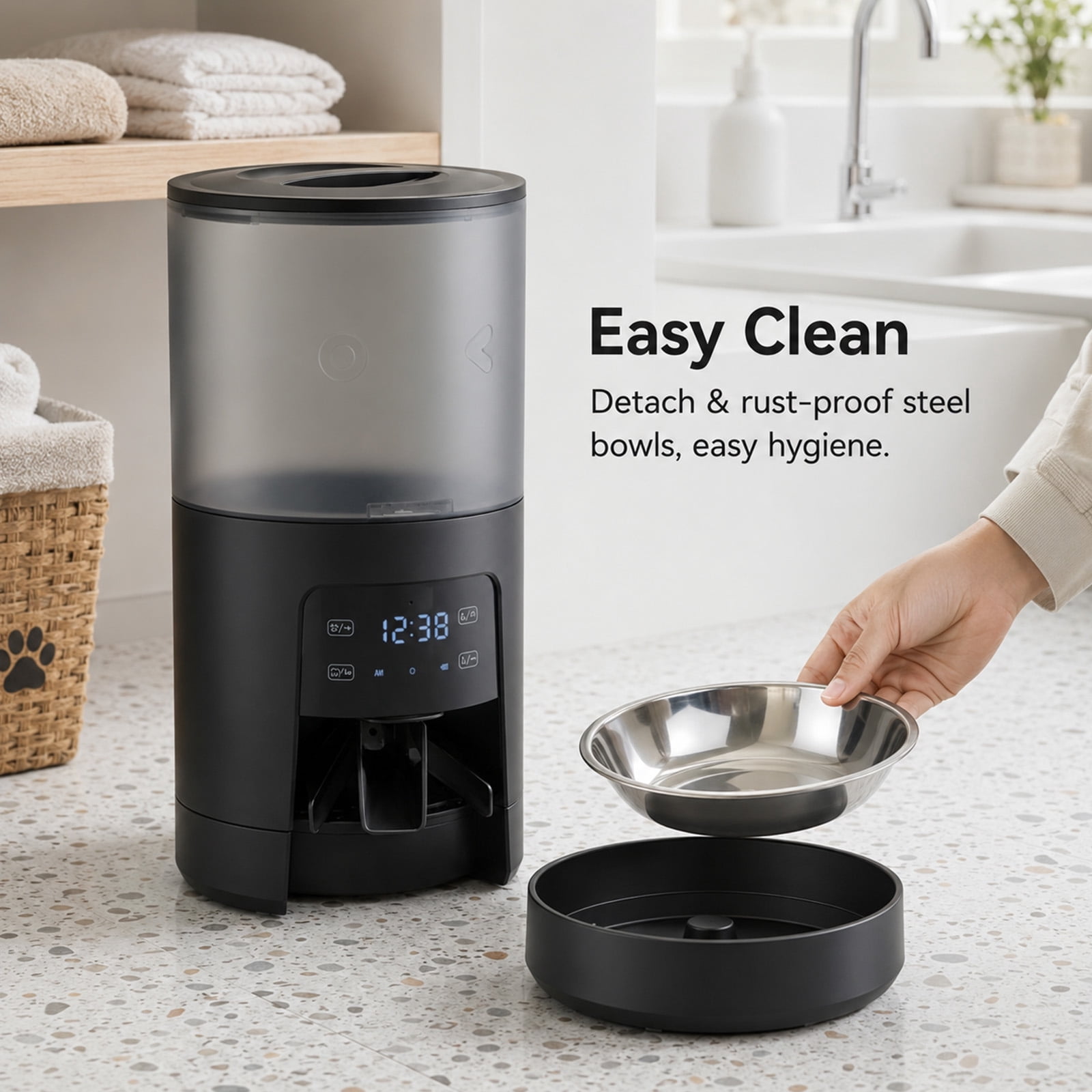 Alvantor 6L Automatic Cat Feeder, imed Cat Food Dispenser with 2 Stainless Bowls, Supply 10S Voice Recorder, Dual Power, Dual Pet Feeder for Cats and Dogs