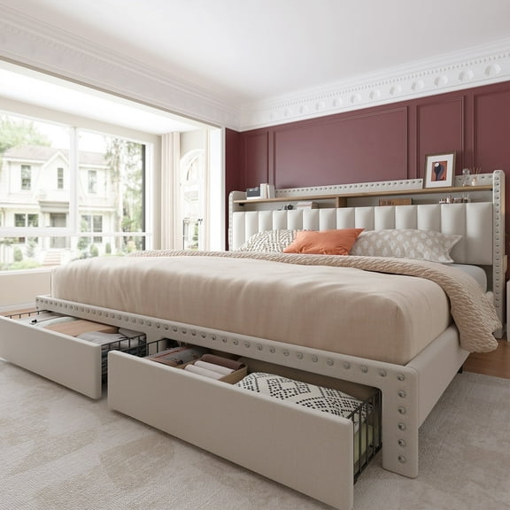 EnHomee King Size Modern Metal and Wood Standard Bed with Storage, Beige