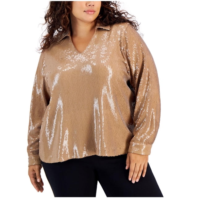 Calvin Klein Womens Sequined Shell Blouse, beige, Plus Size, 3X