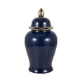 thumbnail image 6 of Ceramic Temple Jar with Lid for Living Room Decor - Contemporary Flower Vase for Bedroom, Home Styling, and Kitchen Counter - Sculpted House Accent for Office and Table Decor - 18", Blue & Gold, 6 of 13