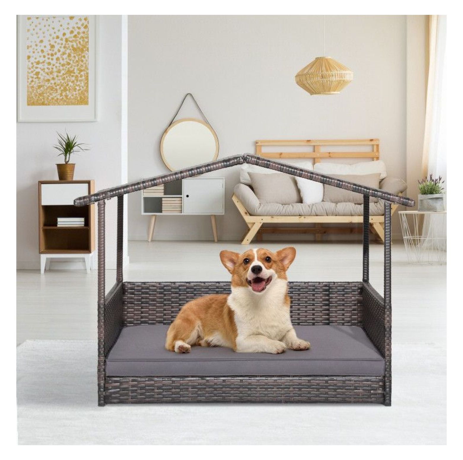 Wicker Dog House Outdoor Indoor, Weatherproof Rattan Dog Bed with Cushion - Large Dog House for Yard, Porch, Living Room, 38.5x27x28.5 Inch