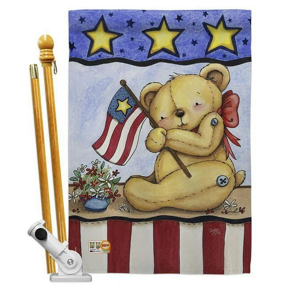 Breeze Decor BD-PA-HS-111006-IP-BO-D-US15-AL 28 x 40 in. Pat Bear Americana Patriotic Impressions Decorative Vertical Double Sided House Flag Set & Pole Bracket Hardware