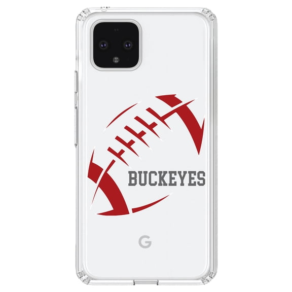 DistinctInk Clear Shockproof Hybrid Case for Google Pixel 4 XL (6.3" Screen) - TPU Bumper, Acrylic Back, Tempered Glass Screen Protector - Buckeyes Football - Scarlet, Gray