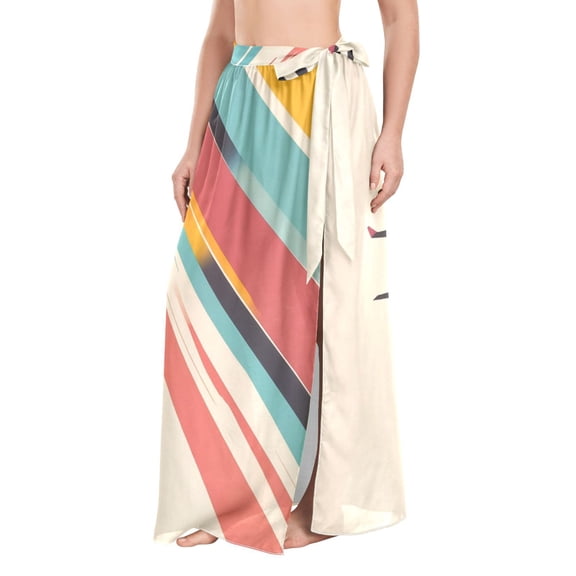 FORMRS Womens Long Sarong Beach Wrap Semi-Sheer Bikini Skirt Bathing Swimsuit Cover Up, Colorful Plane Stripes