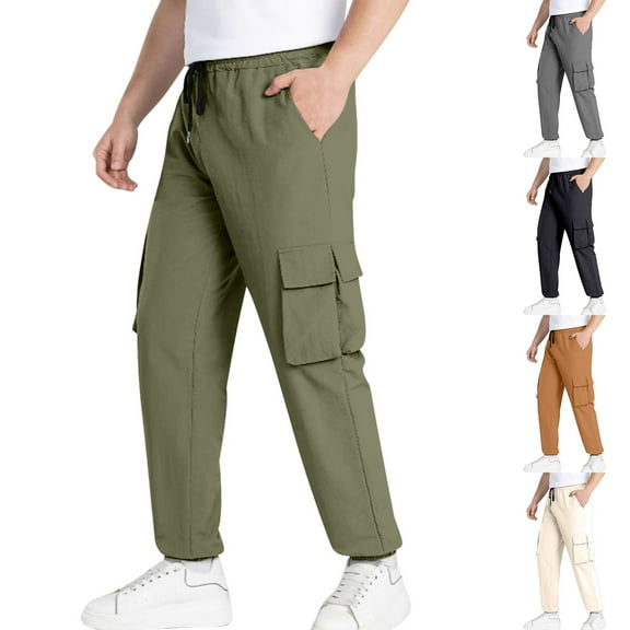 UVEASISHA Quick Dry Cargo Pants for Men Lightweight Hiking Pants Relaxed Fit Casual Drawstring Work Pants Solid Color Vintage Trousers with Multi Pockets Brown XL
