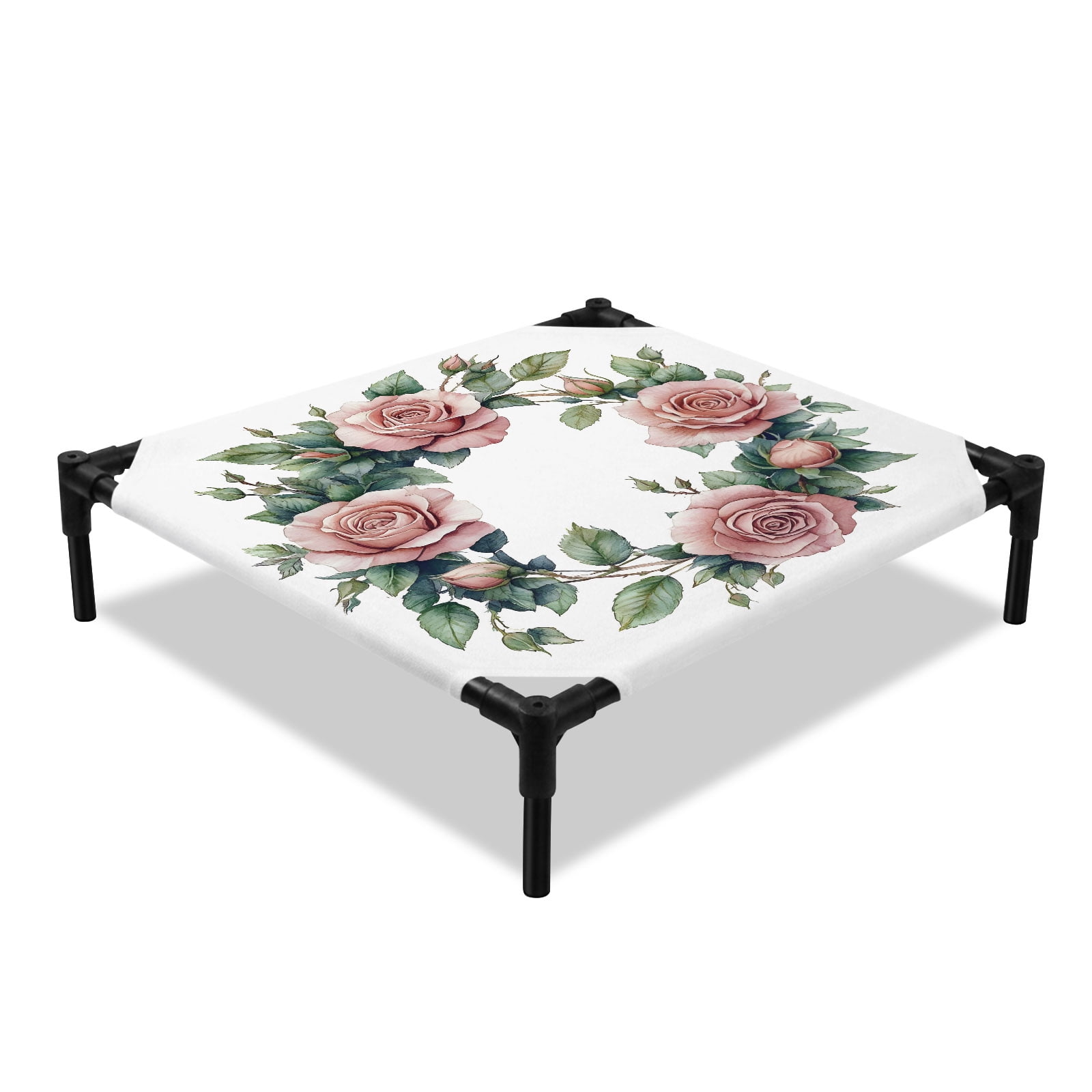 Watercolor Rose Elevated Dog Bed Leaf Flower Cooling Breathable Outdoor Raised Dog Cot Bed with Metal Frame Non-Slip Feet for Small Dog 20x20in