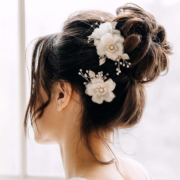 BRIDAL Pinzas para el Cabello para Novia, 2 Piezas, Horquillas para el Cabello de Boda con Flores, Accesorios para el Cabello de Boda para Novia (Oro)