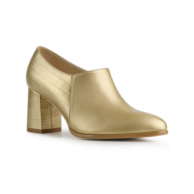 BLISSFUL STEP Bottines pour Femmes Talon Épais Fermeture Éclair Latérale Similicuir Semelle Extérieure en Caoutchouc Bottes Or 8