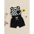 thumbnail image 5 of Toddler Baby Boys Summer Outfits 3 6 12 18 24 Months 2T 3T Checkerboard Patchwork Round Neck Sleeveless Tank Tops Elastic Waist Shorts 2Pcs Clothes Set, 5 of 9