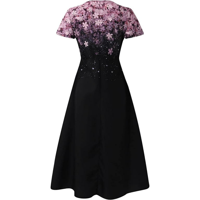 Bigersell Cocktail Dress for Women, Summer V-Neck Short Sleeve Midi Dress,  Black