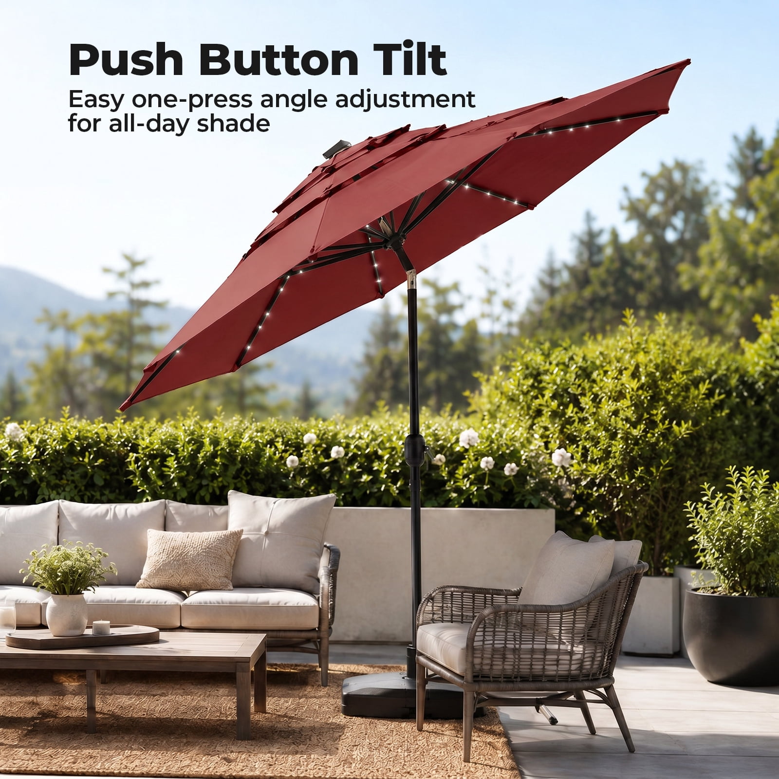 Alvantor 10Ft Solar Patio Umbrella with 32 LED Lights, 3-Tier Vented Outdoor Table Umbrella with Push Button Tilt and Crank, UPF 50+ UV Protection