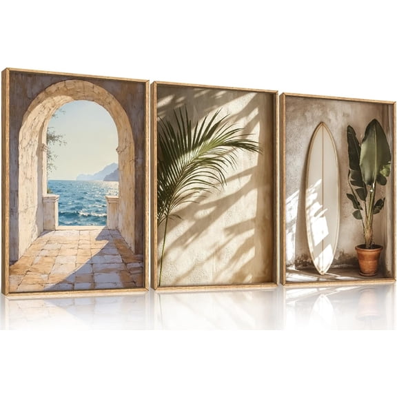 French Landscape Framed Canvas Wall Art Set, Ocean Coastal Style Wall Decor, Palm Tree Surfboard Wall Painting, Ocean Seascape Art Prints for Living Room, Bedroom, 16"×24"x3