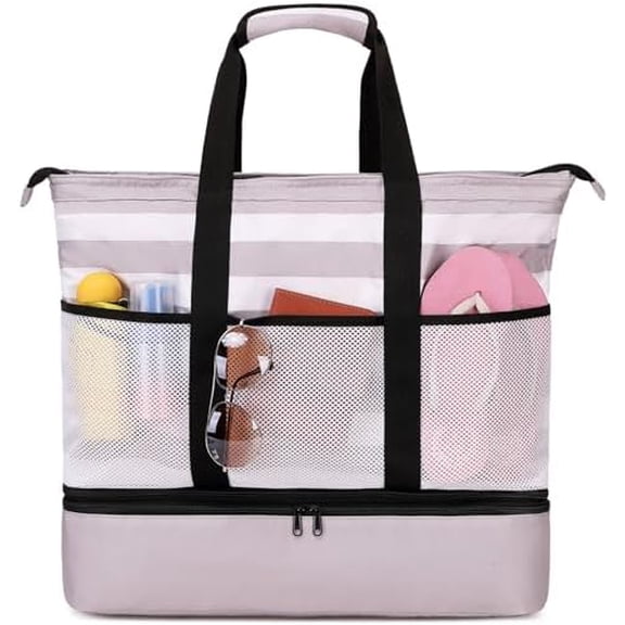 Beach Bag Women Waterproof Sandproof Beach Tote Bags with Cooler Top Zipper Large Totes for Pool Travel Daily Shallow Coffee Stripes