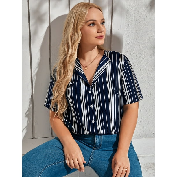 Women's Plus Striped Button Front Blouse 12011202W231614 Women's Plus Striped Button Front Blouse 12011202W231614