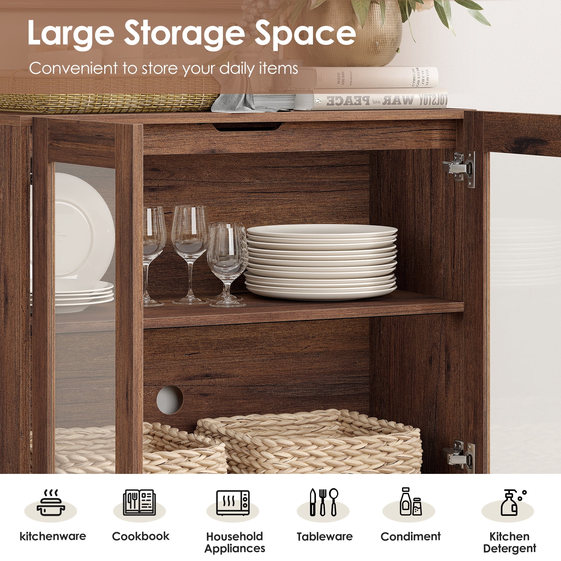 4 In 1 Multifunctional Chest of Drawers, Glass Door Dresser with 6 Drawers and Adjustable Shelves, Home Storage Cabinet Organizer for Bedroom,Brown