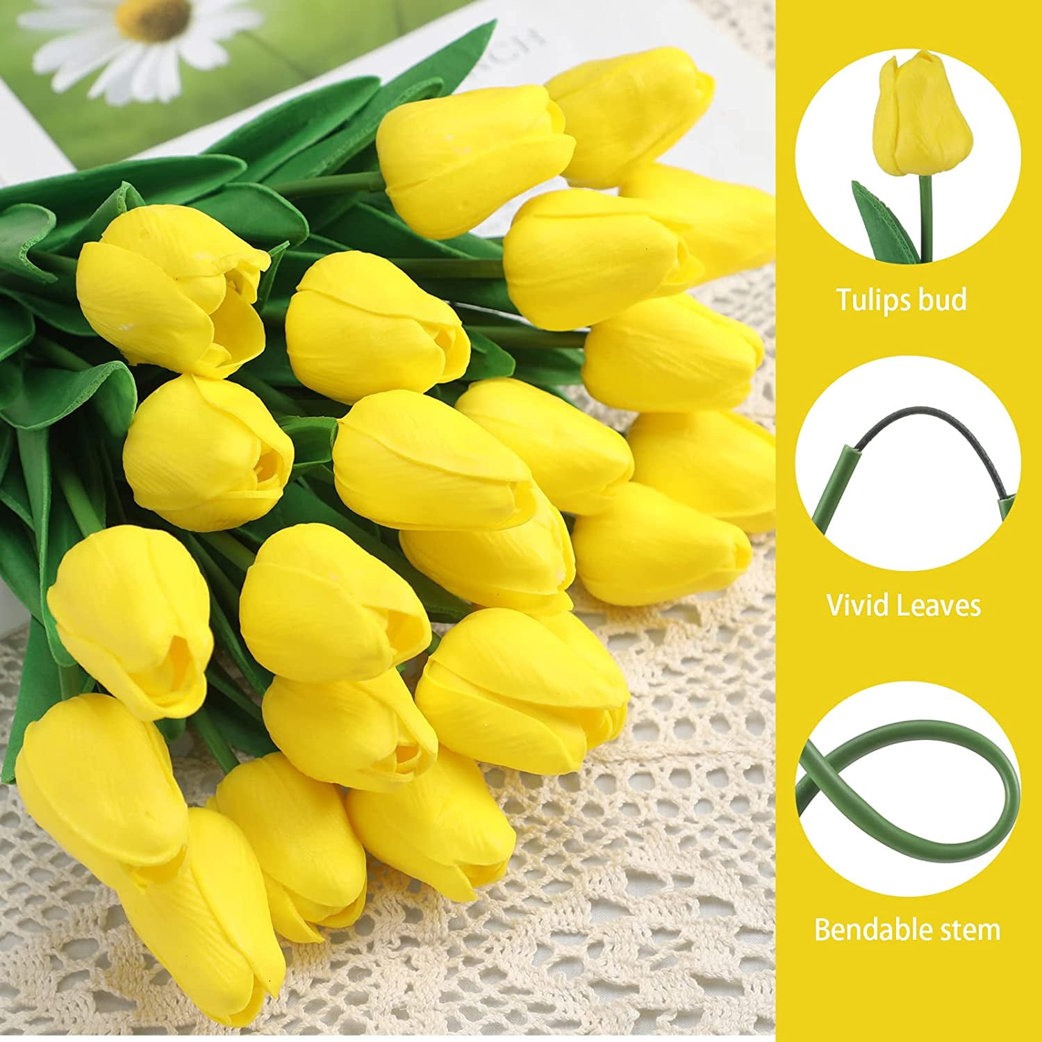 50 Pcs Tulips Artificial Tulips Flowers PU Fake Tulips 13 Inch Faux Flowers Cemetery Flowers for Easter Spring Home Room Office Party Wedding Decoration Bouquet Centerpiece (Yellow)