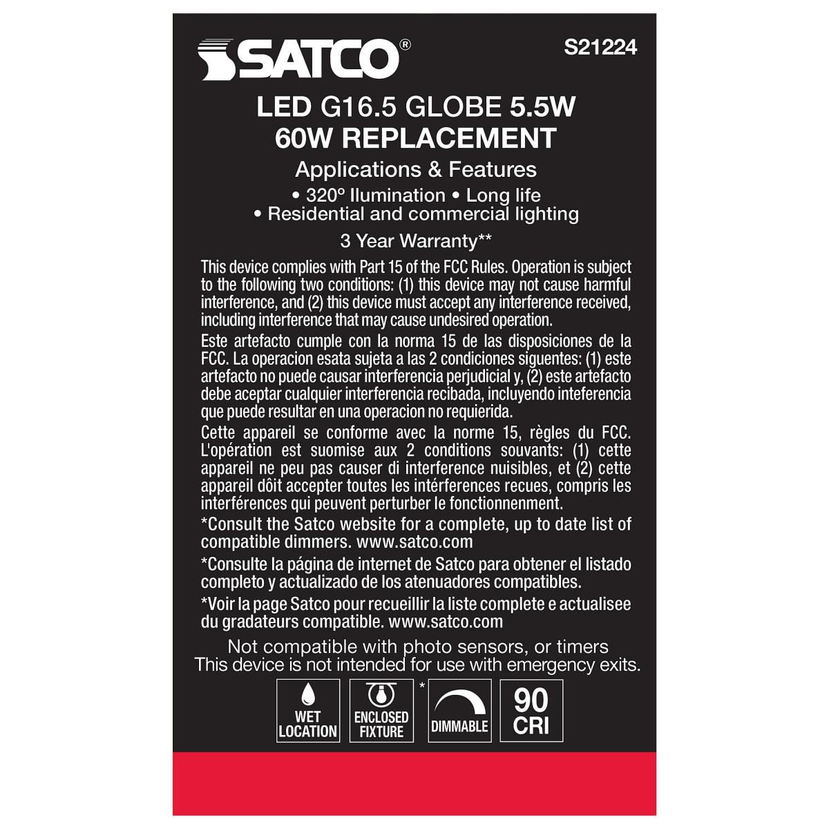 Satco S21224 G16.5 Globe LED Filament Light Bulbs 5.5W 120V 3000K 90+CRI E26 Medium Base Frosted Dimmable (6 Pack)