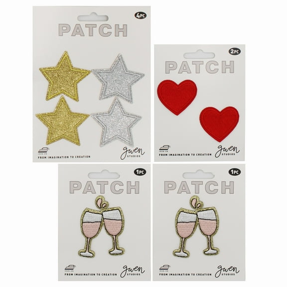 Gwen Studios Bridal and Bachelorette Iron-on Patch Appliques, 2 Pink Champagne Toasts, 4 Hearts, 2 Stars