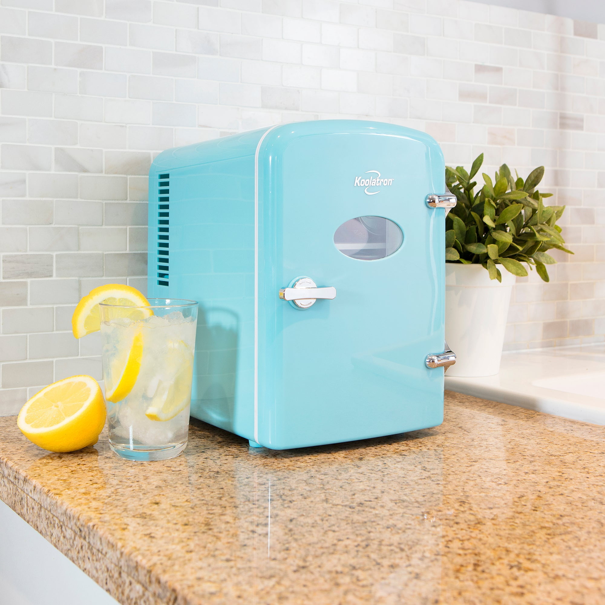 Koolatron Retro Mini Portable Fridge, 4L Compact Refrigerator for Skincare, Beauty Serum, Face Mask, Personal Cooler, Includes 12V and AC Cords, Desktop Accessory for Home Office Dorm Travel, Aqua