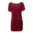 thumbnail image 5 of GEWSEY Women's Summer Solid Color Dress: Short Sleeve Round Neck Chiffon Paneled Casual Wave Hem Dress (Red, 3XL), 5 of 5