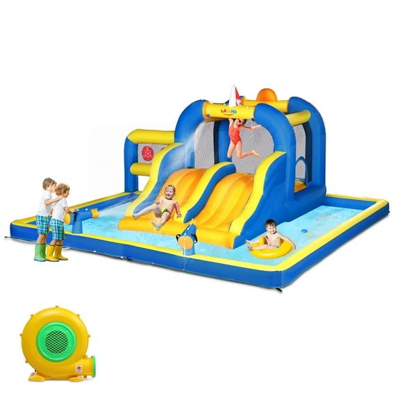 GoDecor Bounce House Water Slide, 7-in-1 Inflatable Obstacle Course Water Park with Splash Pool, Sprinkler, Blow up Jump House Waterslides for Kids Backyard Bouncy Castle with Blower