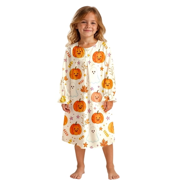 ZHOGXU Exquisite Halloween Themed Long Sleeve O Neck Robe Pumpkin Printed Ruffle Sleeve Kids Girls Loungewear Home Nights