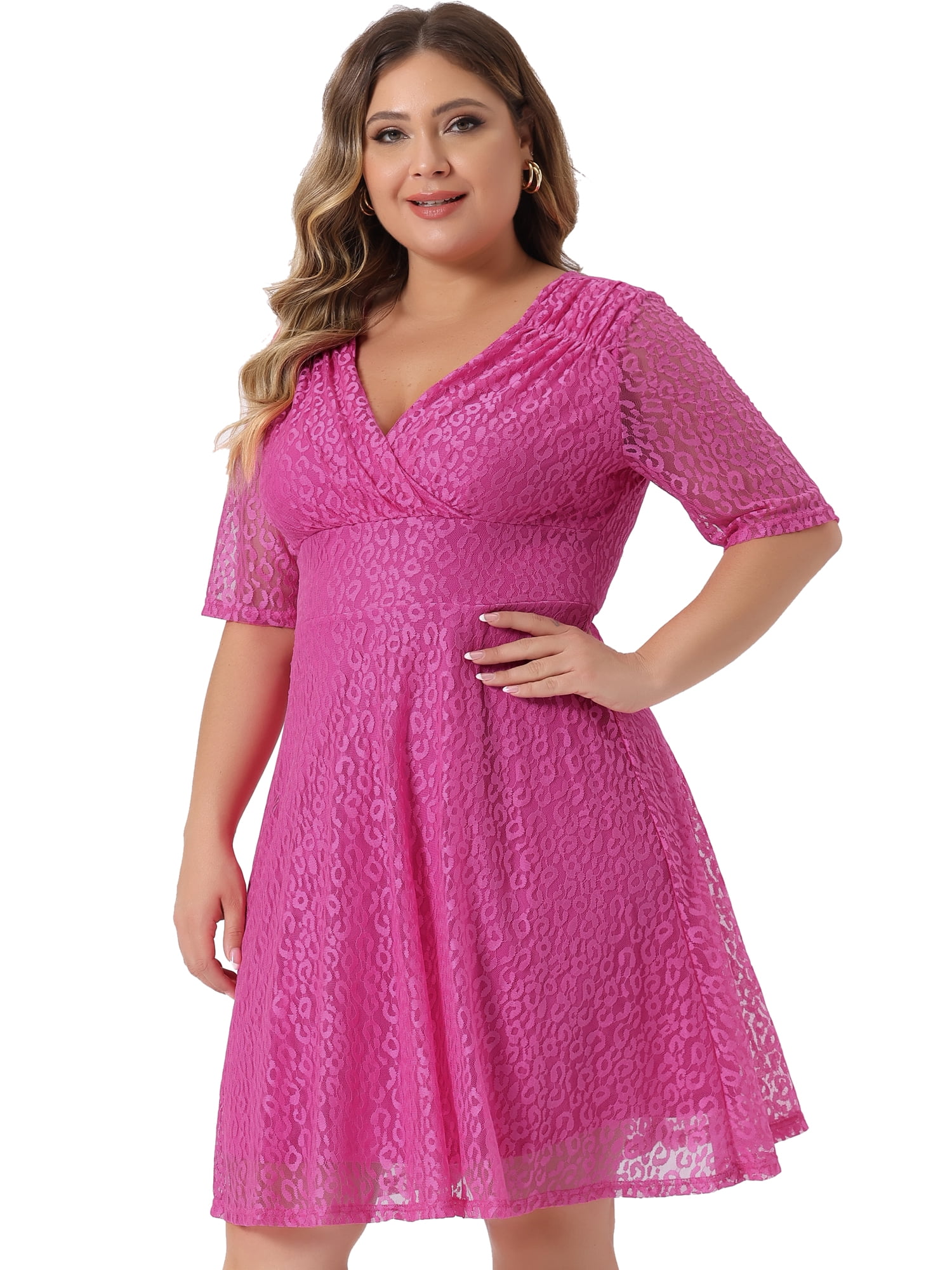 DARING DIVA V Neck Swing A-Line Cocktail Wedding Midi Lace Dress 3X Hot Pink
