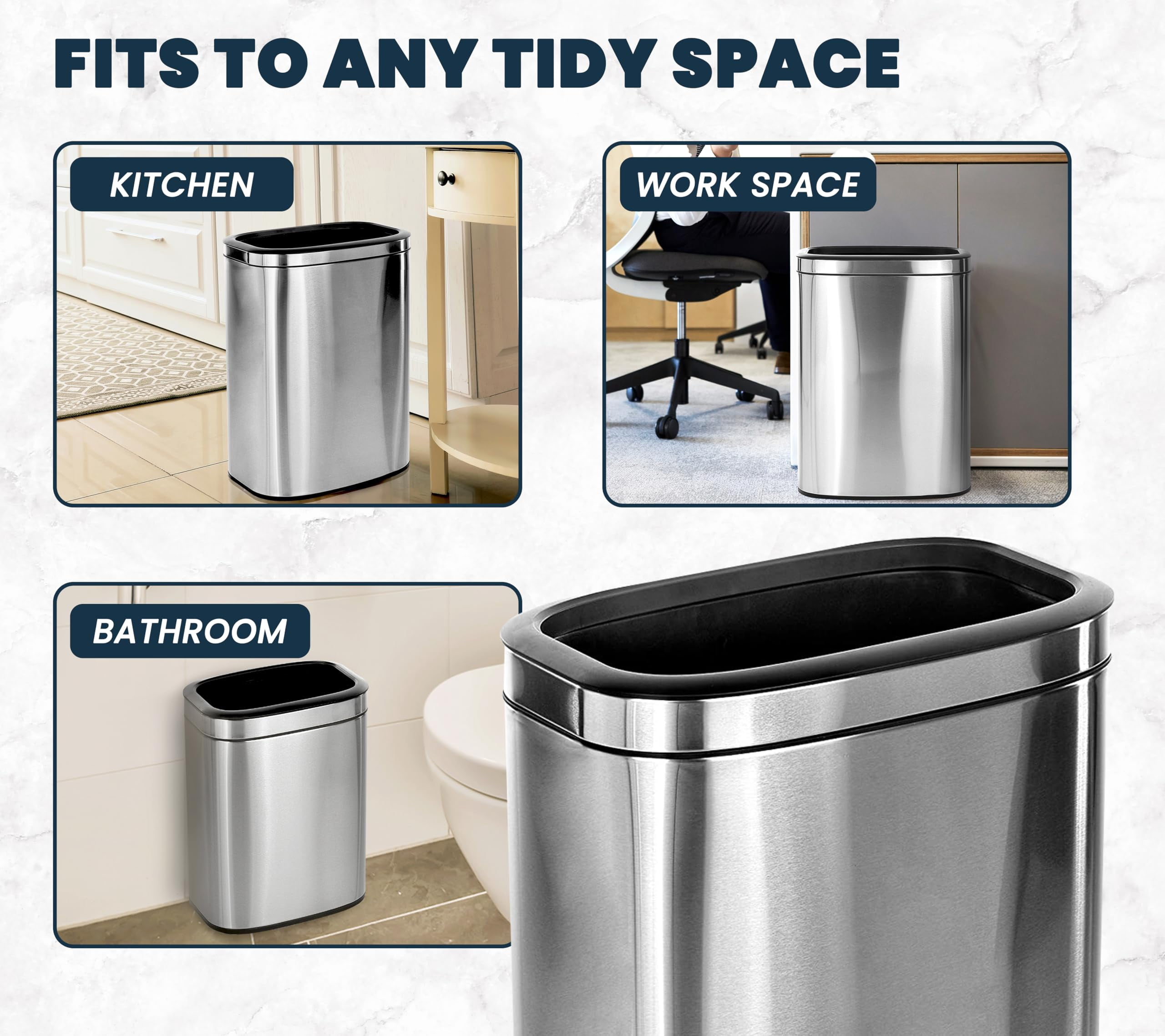 Alpine Stainless Steel Open Top Trash Can 10.5 Gallon - 40L Garbage Can for Kitchen, Bathroom, Office & More with Removable Bin, Brushed Nickel Finish, Space-Saving Slim Modern Design