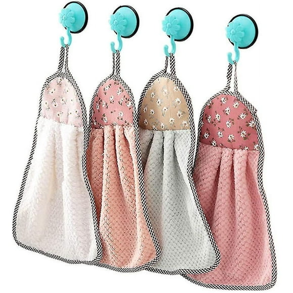 Serviette suspendue 4 pièces, serviette en velours corail épais serviette à main en tissu doux à séchage rapide pour la cuisine