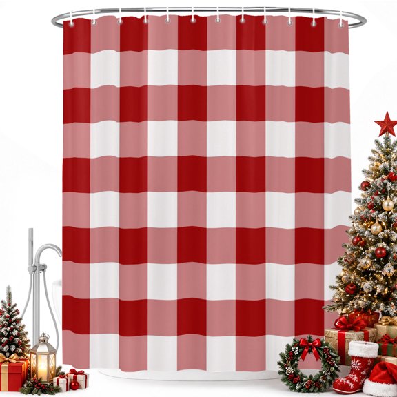 Minimalist Red White Plaid Shower Curtain for Bathroom, Classic Geometric Check Waterproof Shower Curtains Washable Quick Dry with Hooks Bathtub Curtains 36x72IN