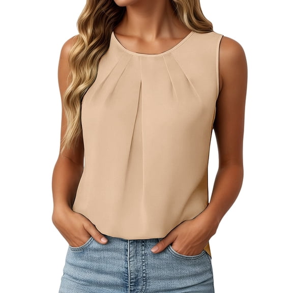 DHFJKG Sleeveless Tank Top Women Dressy Summer Basic Tee Scoop Neck Solid Color Pleated Business Work Wear For Office Lady Versatile Tops