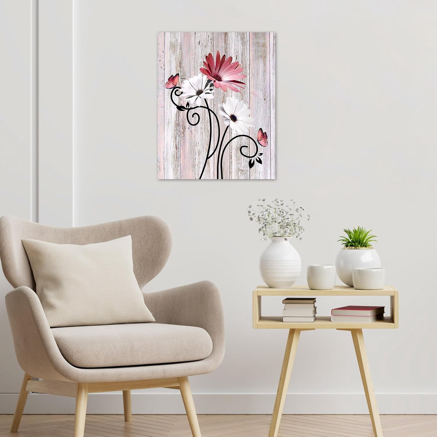 Floral Canvas Wall Art - Daisy & Butterfly Botanical Wall Decor, Rustic Farmhouse Pictures for Living Room, Bedroom, Bathroom & Home Office