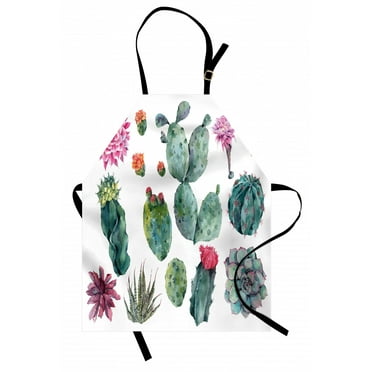 Nature Apron Desert Botanical Herbal Cartoon Style Cactus Plant Flower with Spikes Print, Unisex Kitchen Bib Apron with Adjustable Neck for Cooking Baking Gardening, Green and Pink, by Ambesonne